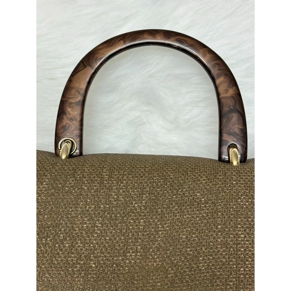 Structured Top Handle Purse Tortoise Acrylic Handle Neutral Woven Handbag‎